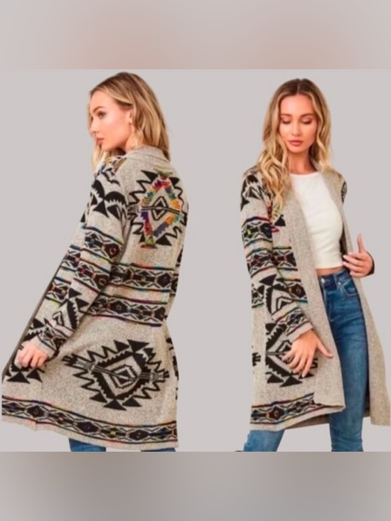 Northern Angel Sweaters - Northern Angel Open Front Aztec Southwestern Pattern Cardigan Sweater - Cream XL